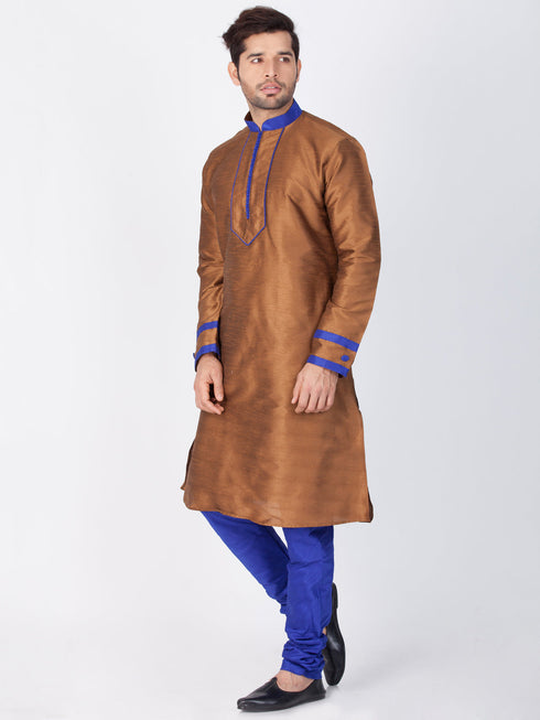 VASTRAMAY Men's Brown Silk Blend Kurta and Pyjama Set