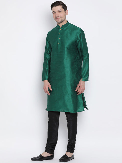 Vastramay Vastramay Men's Green Cotton Silk Blend Kurta and Pyjama Set