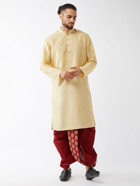 Vastramay Men's Gold And Maroon Cotton Silk Blend Kurta And Dhoti Set