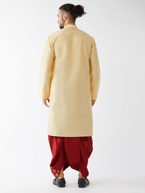 Vastramay Men's Gold And Maroon Cotton Silk Blend Kurta And Dhoti Set