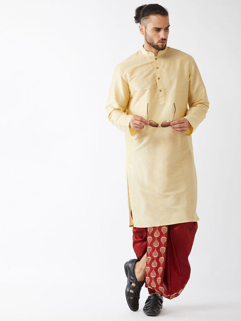 Vastramay Men's Gold And Maroon Cotton Silk Blend Kurta And Dhoti Set