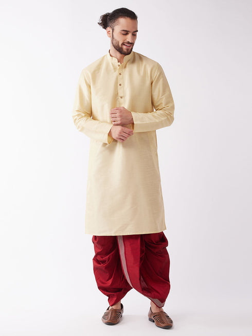 Vastramay Men's Gold And Maroon Silk Blend Kurta And Dhoti Set