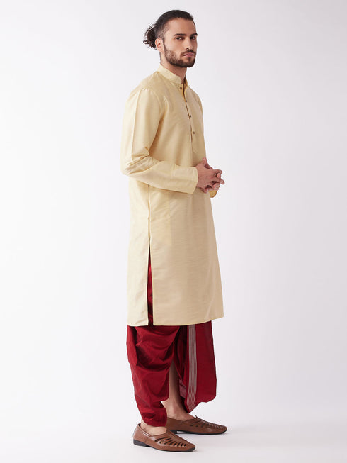 Vastramay Men's Gold And Maroon Silk Blend Kurta And Dhoti Set