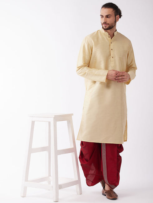 Vastramay Men's Gold And Maroon Silk Blend Kurta And Dhoti Set