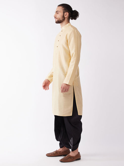 Vastramay Men's Gold Silk Blend Kurta And Black Dhoti Set