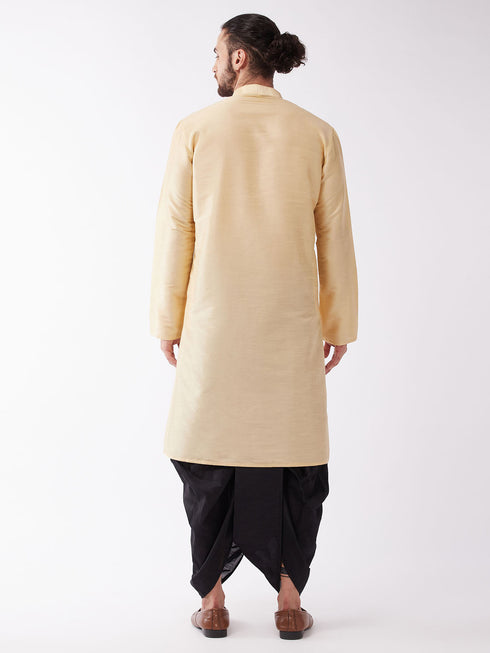 Vastramay Men's Gold Silk Blend Kurta And Black Dhoti Set