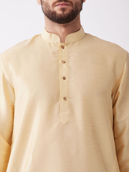 Vastramay Men's Gold Silk Blend Kurta And Black Dhoti Set