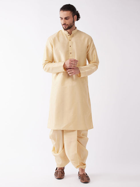 Vastramay Men's Gold Solid Silk Blend Kurta And Dhoti Set