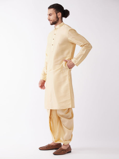 Vastramay Men's Gold Solid Silk Blend Kurta And Dhoti Set