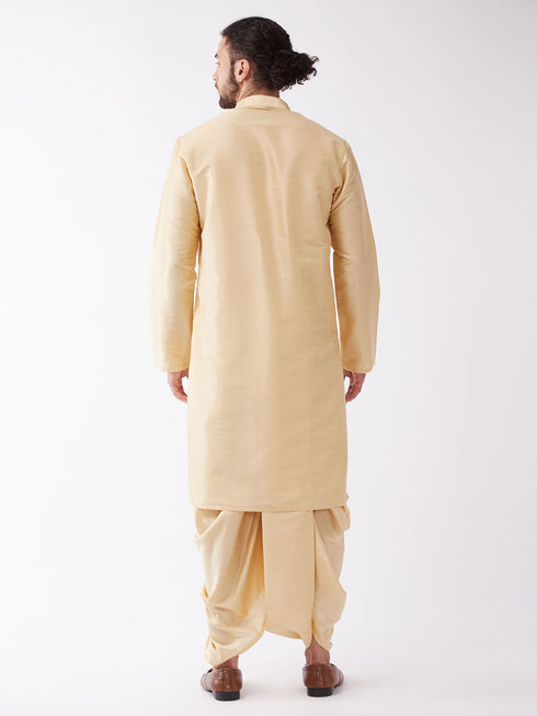 Vastramay Men's Gold Solid Silk Blend Kurta And Dhoti Set