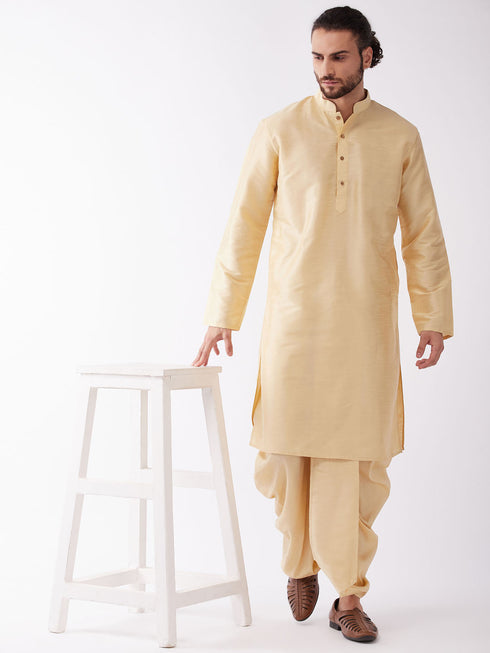Vastramay Men's Gold Solid Silk Blend Kurta And Dhoti Set