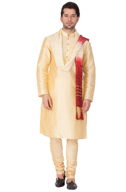 Vastramay Men's Gold Cotton Silk Blend Kurta, Pyjama & Dupatta Set