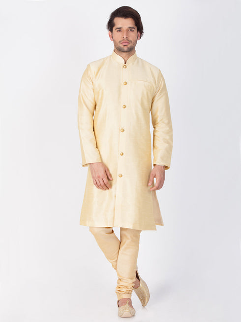 VASTRAMAY Men's Gold Silk Blend Sherwani Set