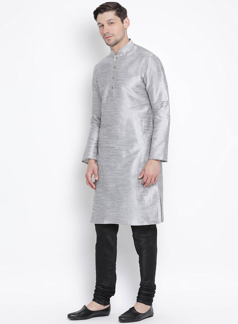 Vastramay Vastramay Men's Grey Cotton Silk Blend Kurta and Pyjama Set