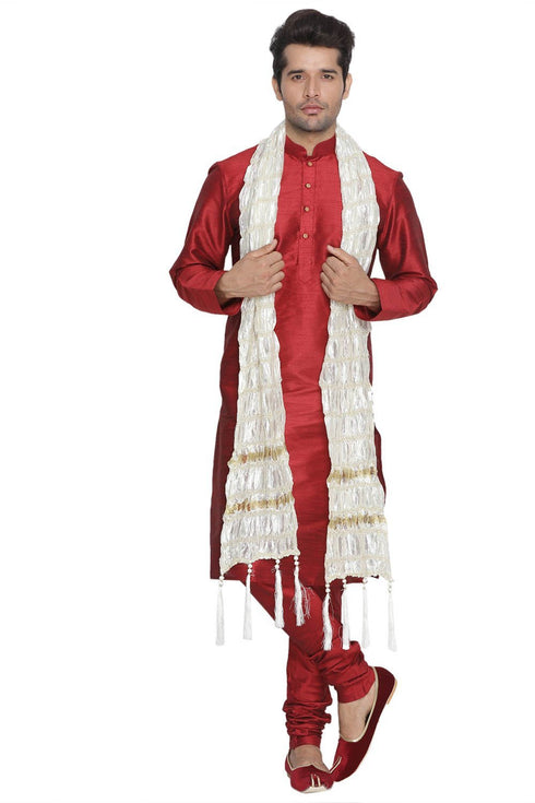 Vastramay Men's Maroon Cotton Silk Blend Kurta, Pyjama & Dupatta Set