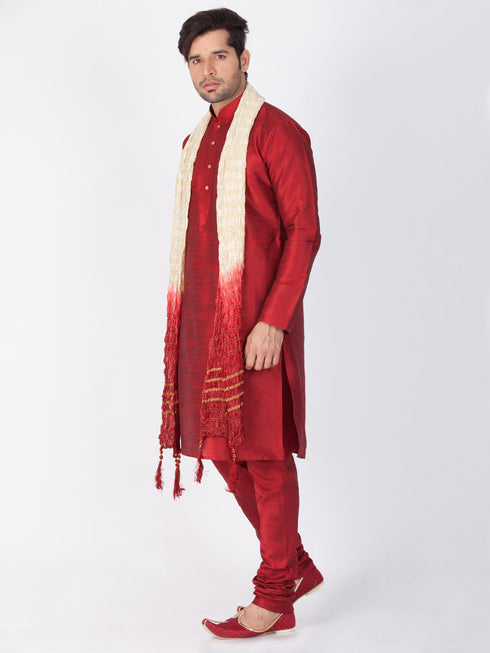 Vastramay Vastramay Men's Maroon Cotton Silk Blend Kurta, Pyjama & Dupatta Set