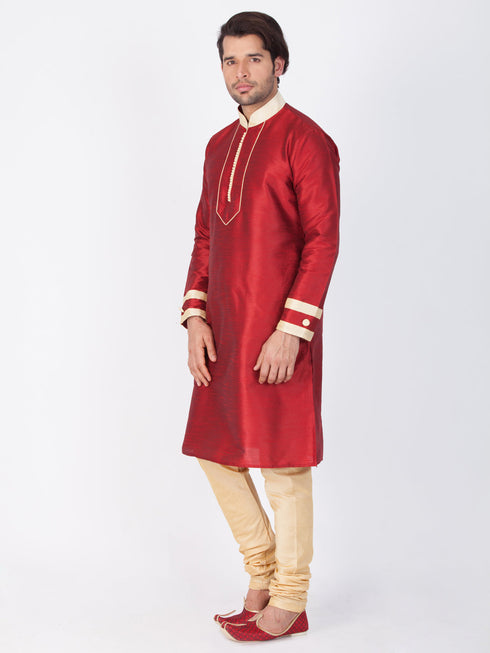 VASTRAMAY Men's Maroon Silk Blend Kurta and Pyjama Set