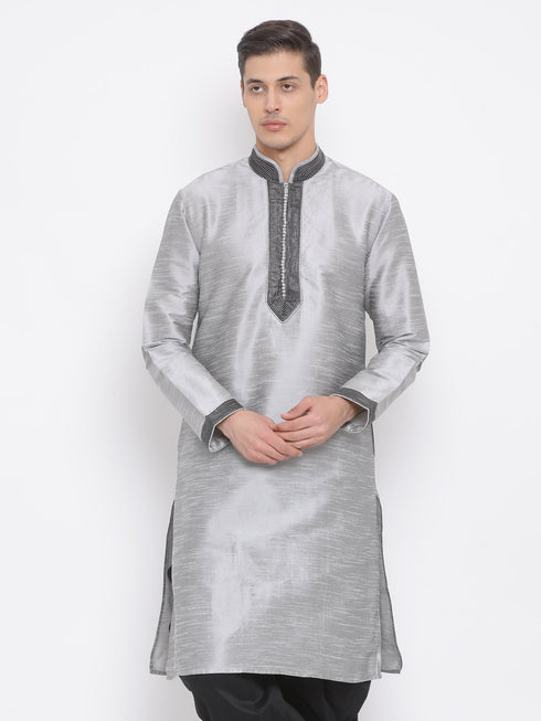 Vastramay Men's Grey Silk Blend Kurta