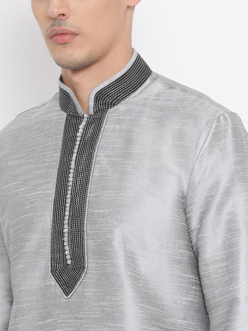 Vastramay Men's Grey Silk Blend Kurta