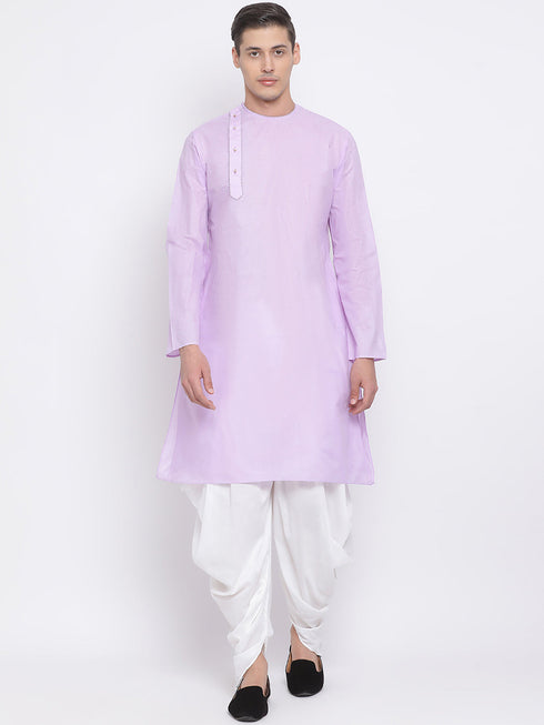 Vastramay Men's Purple Cotton Blend Kurta and White Dhoti Set