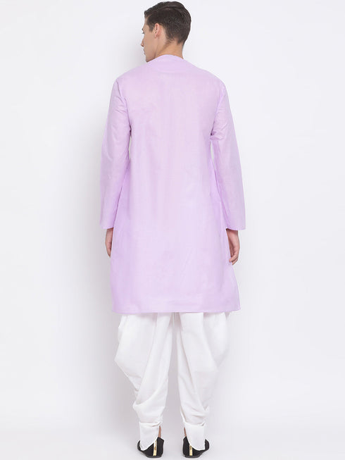 Vastramay Men's Purple Cotton Blend Kurta and White Dhoti Set