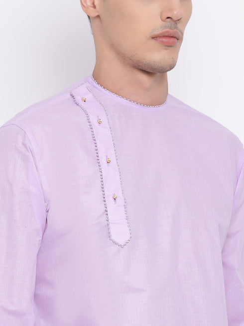 Vastramay Men's Purple Cotton Blend Kurta and White Dhoti Set