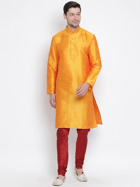 Vastramay Men's Orange Cotton Silk Blend Kurta and Pyjama Set