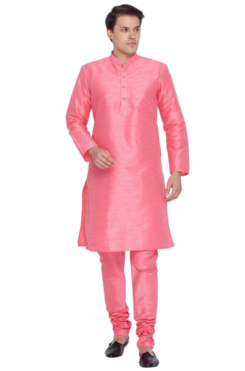 Vastramay Men's Pink Cotton Silk Blend Kurta and Pyjama Set