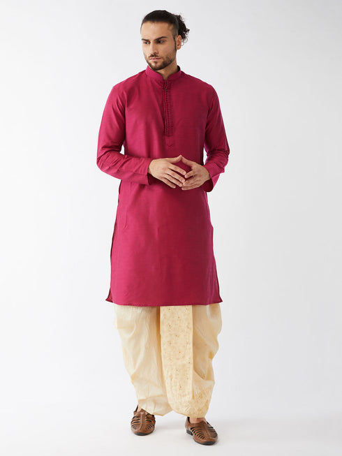 Vastramay Men's Fuchsia Pink And Gold Cotton Silk Blend Kurta And Dhoti Set