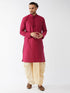 Vastramay Men's Fuchsia Pink And Gold Cotton Silk Blend Kurta And Dhoti Set