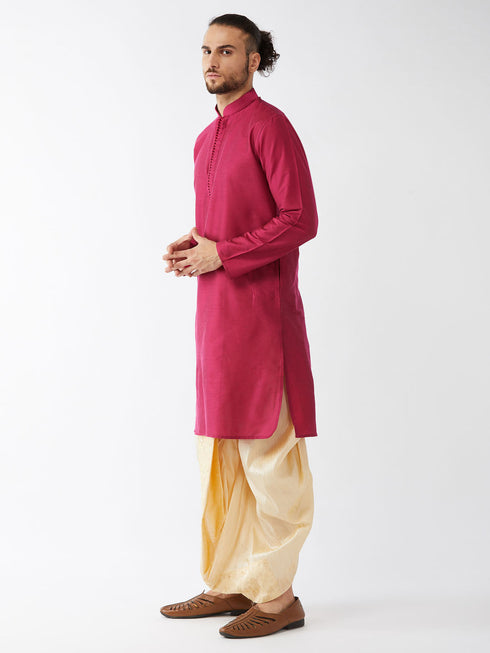 Vastramay Men's Fuchsia Pink And Gold Cotton Silk Blend Kurta And Dhoti Set
