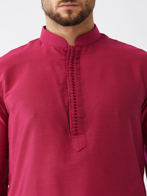Vastramay Men's Fuchsia Pink And Gold Cotton Silk Blend Kurta And Dhoti Set