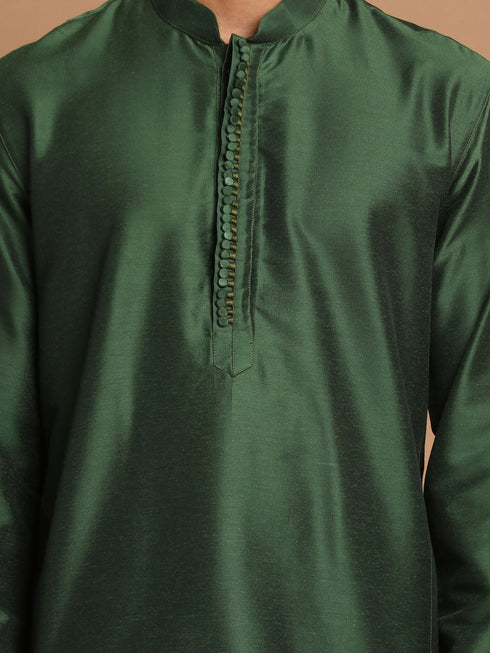 VASTRAMAY Men's Green Cotton Silk Blend Kurta and Pyjama Set