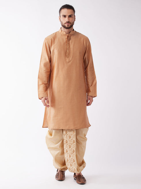 Vastramay Men Rose Gold Kurta with Embroidered Dhoti