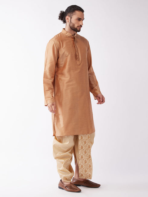 Vastramay Men Rose Gold Kurta with Embroidered Dhoti