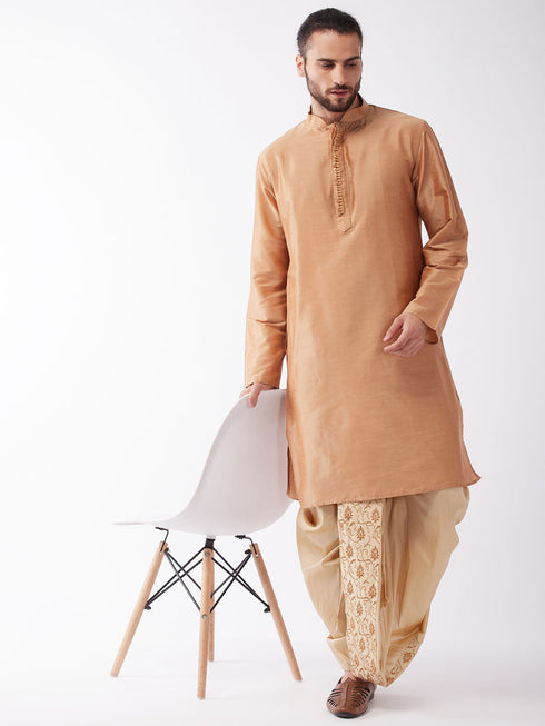 Vastramay Men Rose Gold Kurta with Embroidered Dhoti