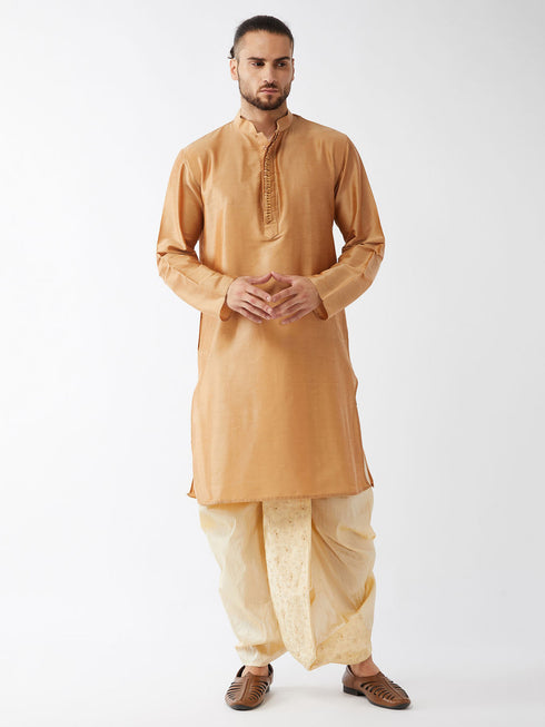 Vastramay Men's Rose Gold And Gold Cotton Silk Blend Kurta And Dhoti Set