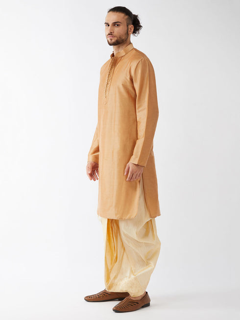 Vastramay Men's Rose Gold And Gold Cotton Silk Blend Kurta And Dhoti Set