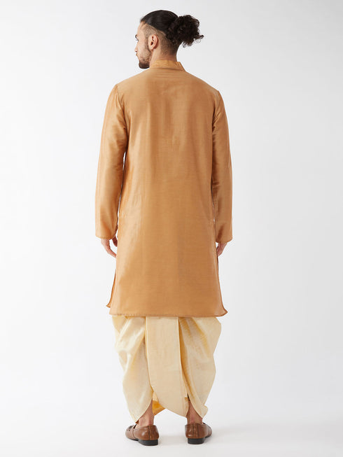 Vastramay Men's Rose Gold And Gold Cotton Silk Blend Kurta And Dhoti Set