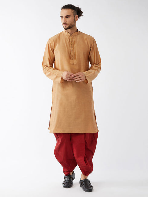 Vastramay Men's Rose Gold And Maroon Silk Blend Kurta With Dhoti Set