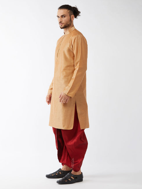 Vastramay Men's Rose Gold And Maroon Silk Blend Kurta With Dhoti Set