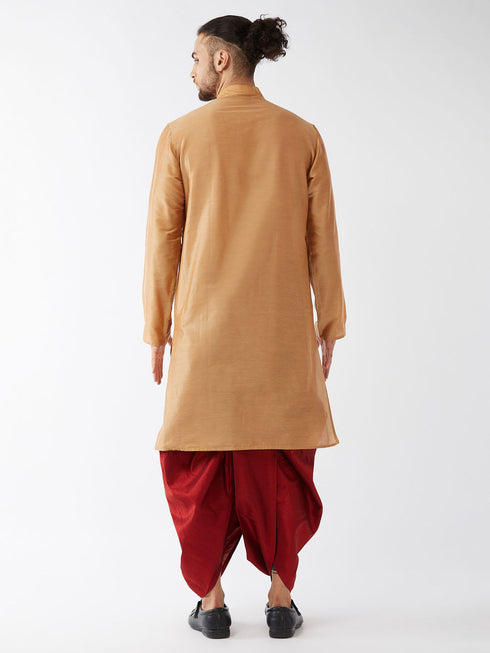 Vastramay Men's Rose Gold And Maroon Silk Blend Kurta With Dhoti Set