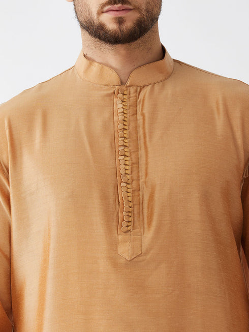 Vastramay Men's Rose Gold And Maroon Silk Blend Kurta With Dhoti Set