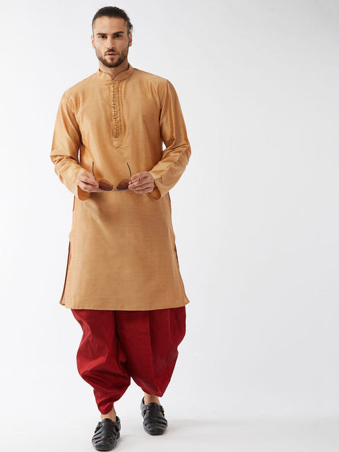 Vastramay Men's Rose Gold And Maroon Silk Blend Kurta With Dhoti Set
