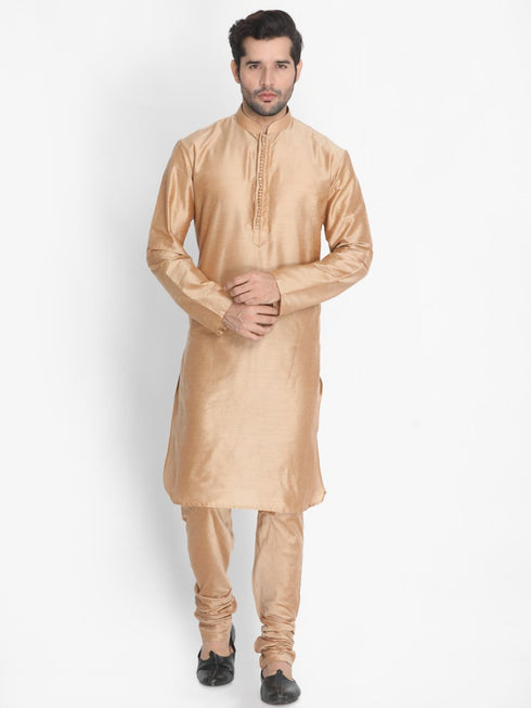 VASTRAMAY Men's Gold Cotton Silk Blend Kurta and Churidar Set