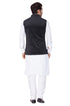 Vastramay Men's White Cotton Kurta, Black Ethnic Jacket and Pyjama Set