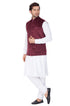 Vastramay Men's White Cotton Kurta, Maroon Ethnic Jacket and Pyjama Set