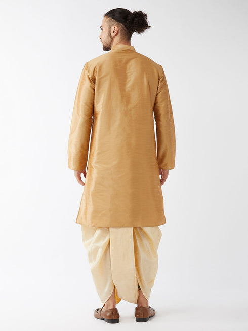 Vastramay Men's Rose Gold And Gold Silk Blend Kurta And Dhoti Set