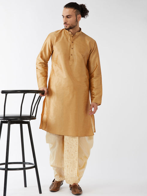 Vastramay Men's Rose Gold And Gold Silk Blend Kurta And Dhoti Set