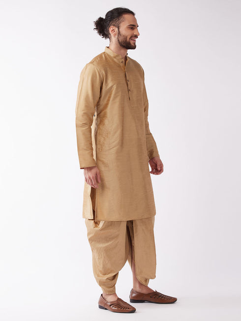 Vastramay Men's Rose Gold Solid Silk Blend Kurta And Dhoti Set